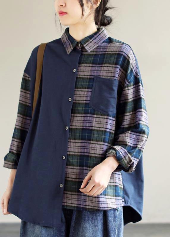 Simple Lapel Patchwork Tops Blouses Wardrobes Blue Plaid Blouse