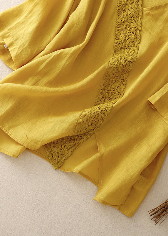 Yellow Asymmetrical Lace Patchwork Linen Shirts Summer