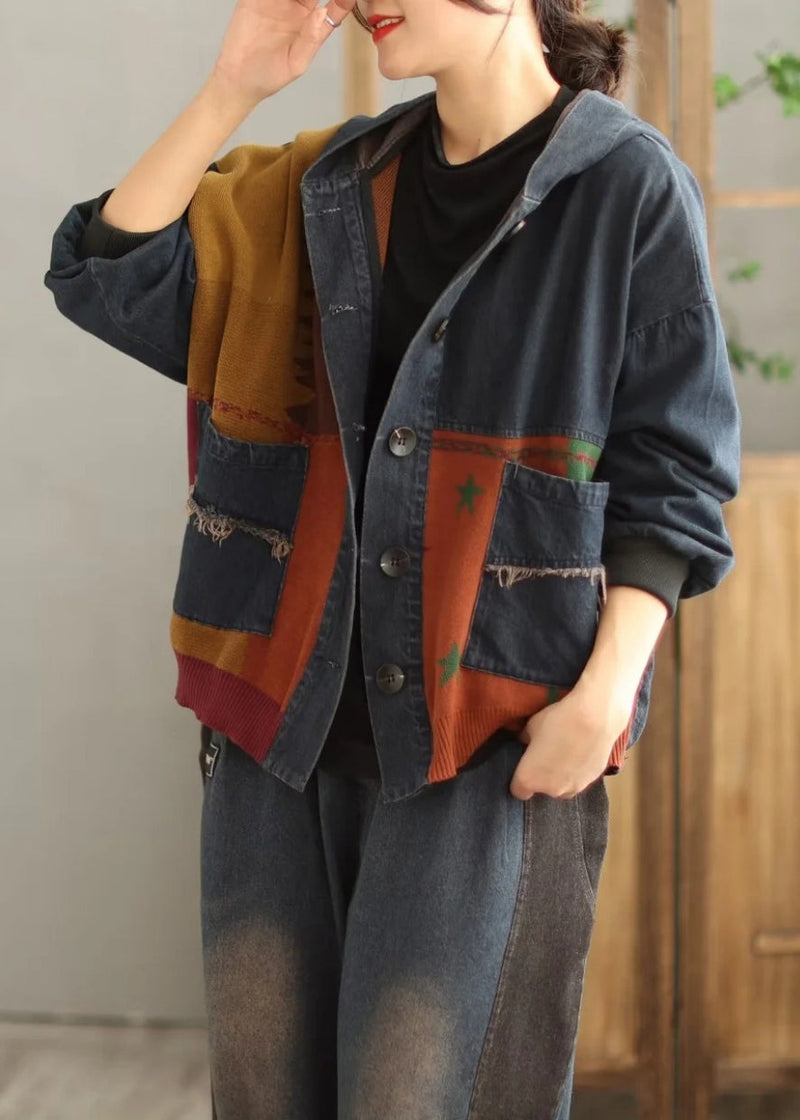 Blue Hooded Pockets Patchwork Denim Coat Spring