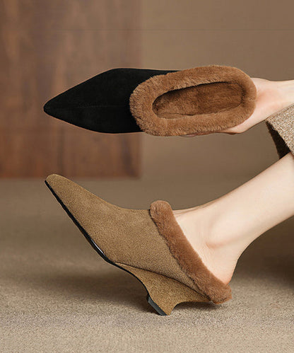 Splicing Wedge Slippers Shoes Black Suede Fuzzy Wool Lined