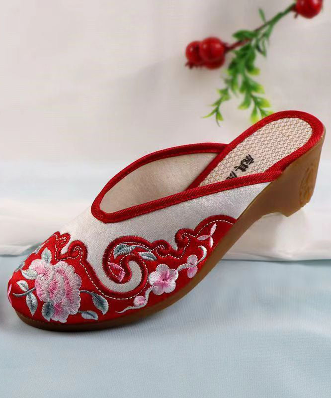 Red Chunky Cotton Fabric Embroidery Slide Sandals