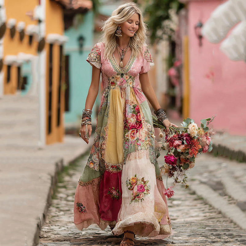 Women's Vintage Patchwork Floral Art V Neck Short Sleeve Maxi Dress artswardrobe