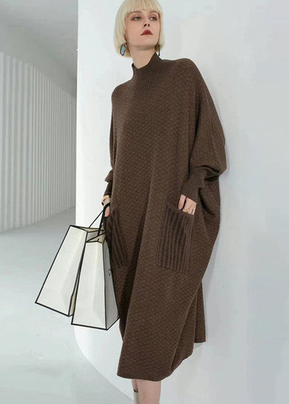 Chocolate Turtle Neck Patchwork Pockets Wool Sweater Dress Long Sleeve