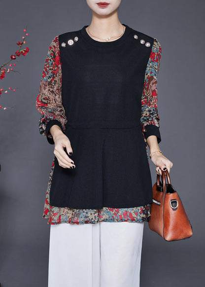 Red Print Patchwork Spandex Fake Two Piece Shirt Fall