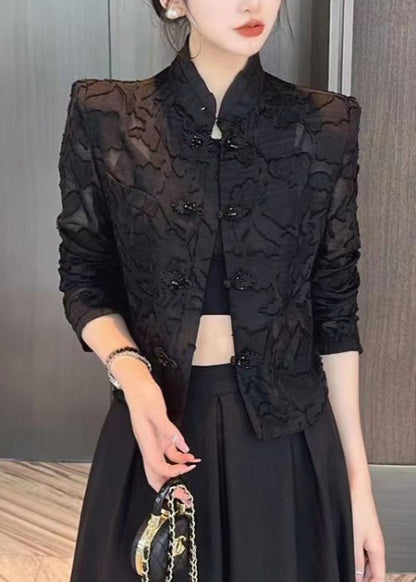 Slim Fit Black Stand Collar Embroideried Lace Upf 50+ Coats Long Sleeve