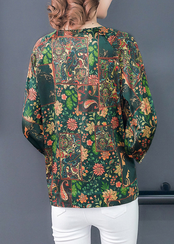 French Green O-neck Oversized Print Silk Top Bracelet Sleeve