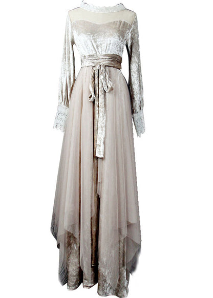Beige Hollow Out Tulle Patchwork Silk Velour Long Dresses Spring