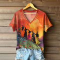 Halloween Witch Casual Print Short Sleeve V Neck T-shirt artswardrobe