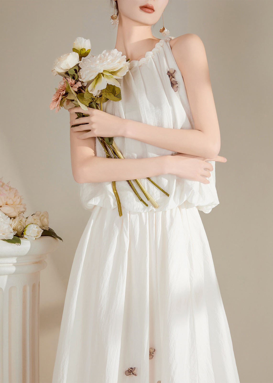 White O-neck Top and Maxi Skirts Two Pieces Set Summer