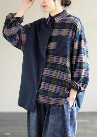 Simple Lapel Patchwork Tops Blouses Wardrobes Blue Plaid Blouse