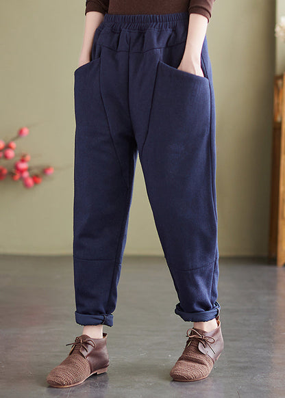 Navy Pockets Patchwork Fine Cotton Filled Pants Elastic Waist Winter
