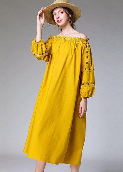 Loose Yellow Hollow Out Embroideried Fall Cotton Half Sleeve Dress