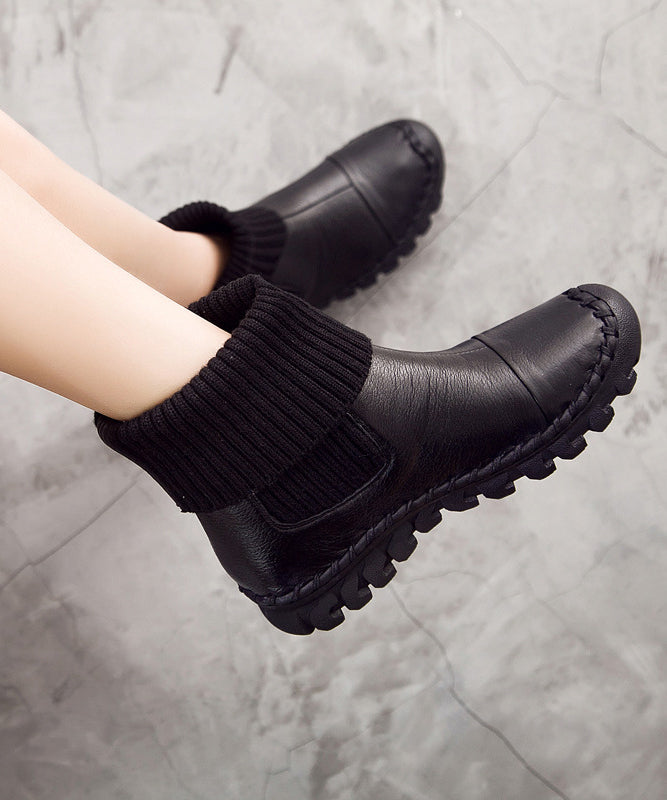 Grey Faux Leather Boots Knit Splicing Boots