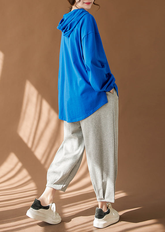 Blue Print Cozy Cotton Loose Sweatshirt Hooded Fall