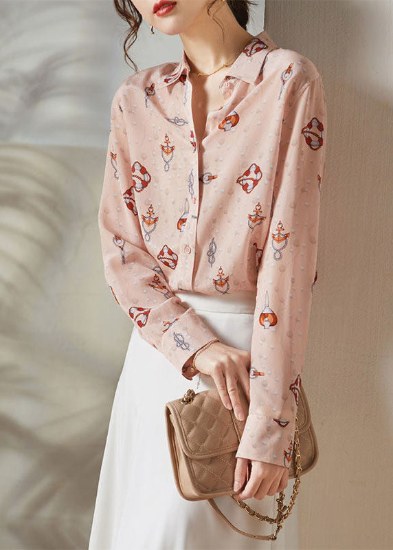Pink Peter Pan Collar Print Silk Blouses Spring