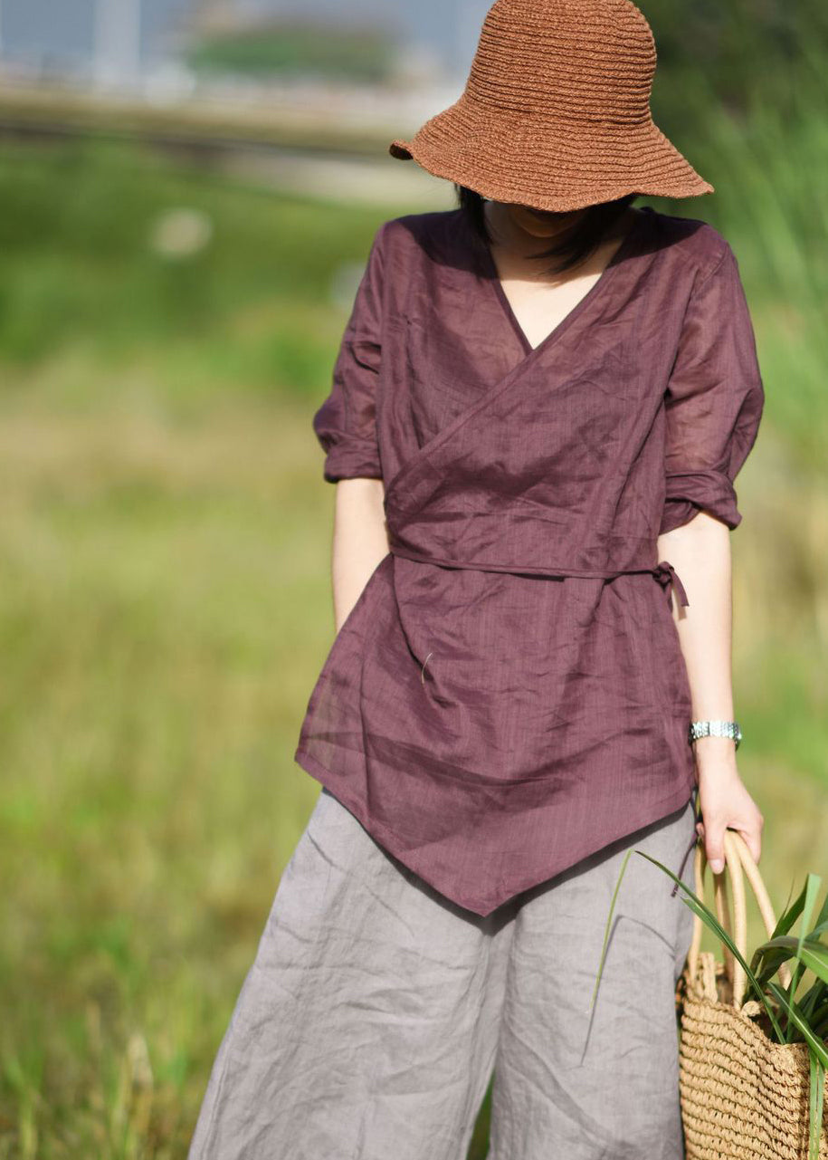 Red Tie Waist V Neck Asymmetrical Design Linen Top Three Quarter Sleeve