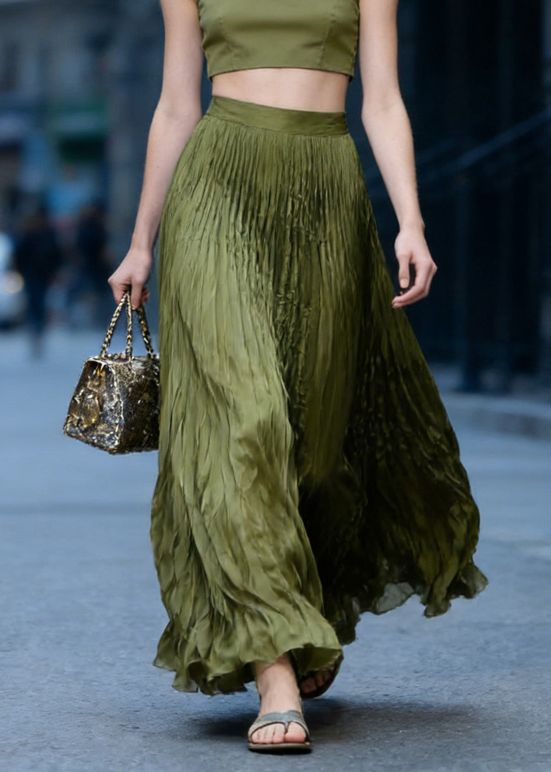 Green High Waist Wrinkled Chiffon Skirts Spring