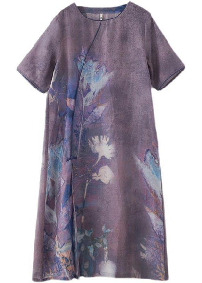 Purple Print O-neck Maxi Summer Linen Dress