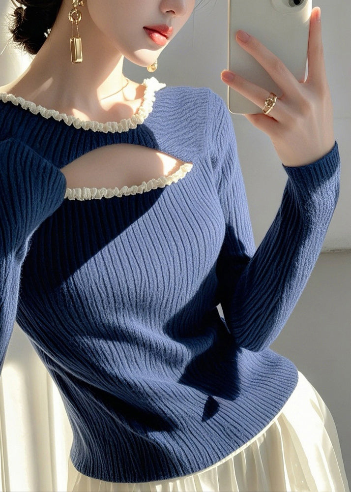 Blue Ruffled Hollow Out Knit Sweater Spring