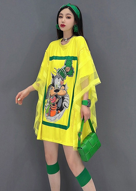 Batwing Yellow O-neck Print Tulle Top Batwing Sleeve