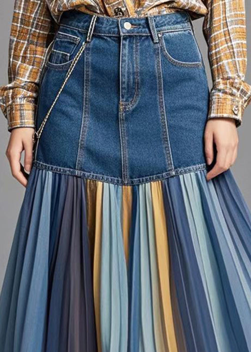 Blue Patchwork Rainbow Striped Denim Skirt Spring