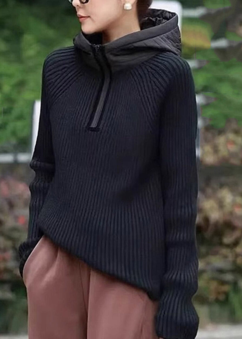 Coffee Zippered Patchwork Hooded Knit Pullover Long Sleeve