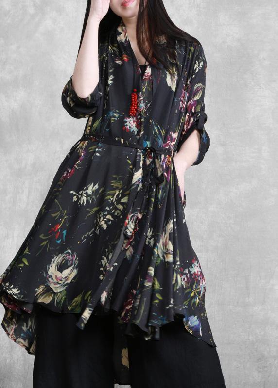 Organic Black Print Clothes Tie Waist Cardigan Coat