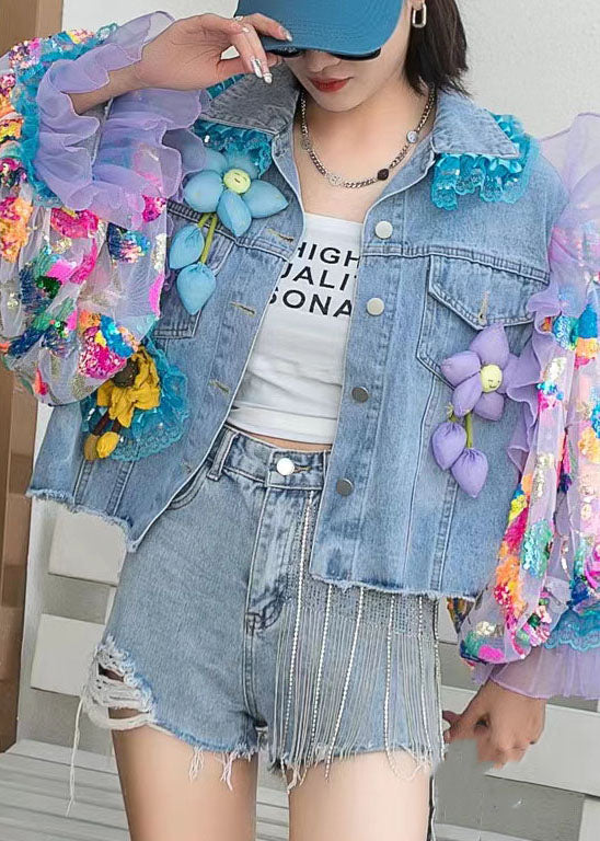Italian Blue Tulle Ruffled Sequins Decorated Patchwork Denim Coat Spring