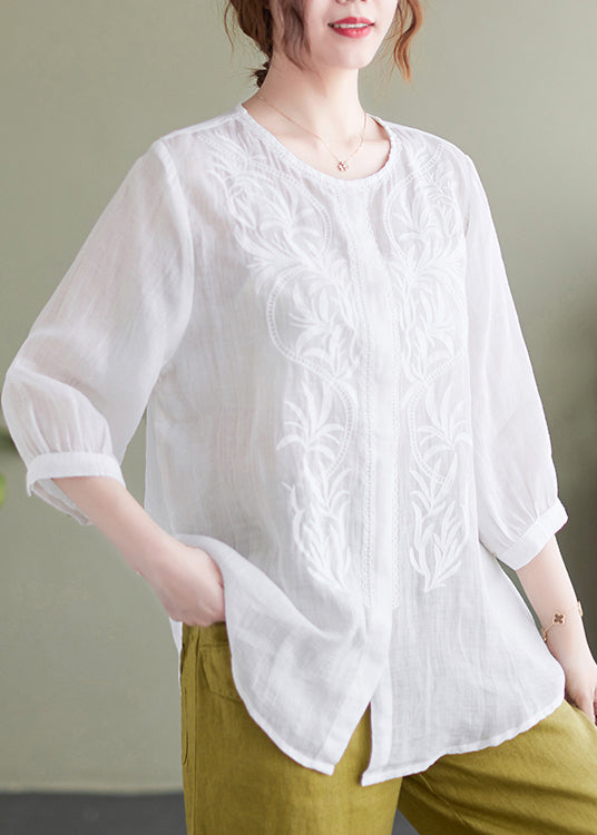 White Embroideried Oversized Linen Shirt Summer