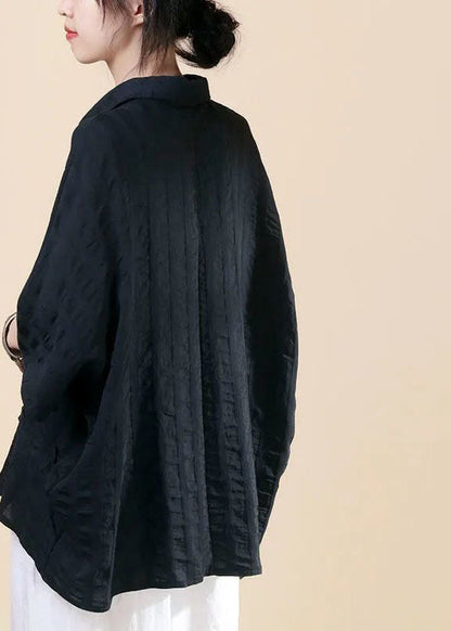 Black Peterpan Collar Button Bat Wing Sleeve Fall Shirt Top