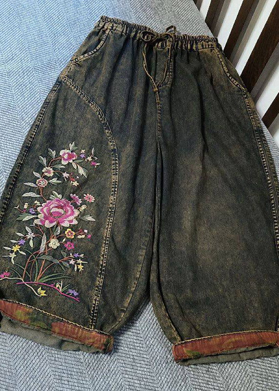 Retro Embroidered Crop Jeans Summer