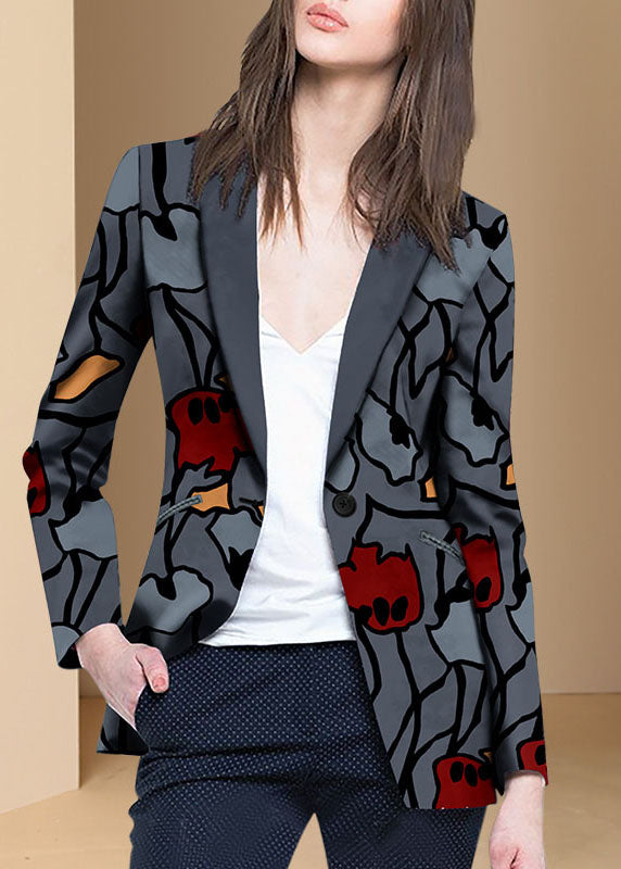Modern Grey Button Peter Pan Collar Print Western-style Clothes Coat Long Sleeve