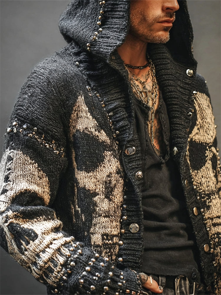 Men's Rock Style Skulls Studded Knit Hooded Cardigan artswardrobe
