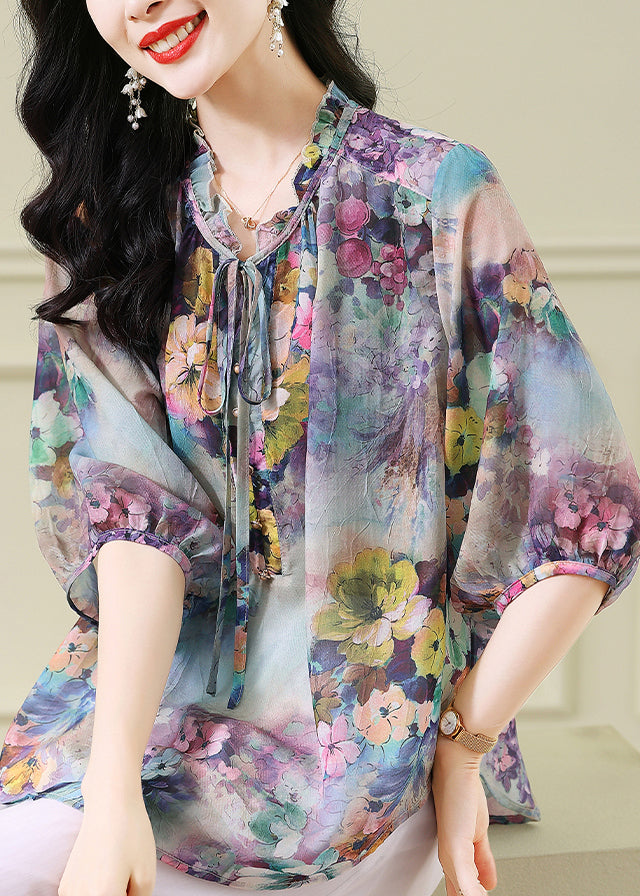 Blue Ruffled Print Chiffon Shirts Bracelet Sleeve