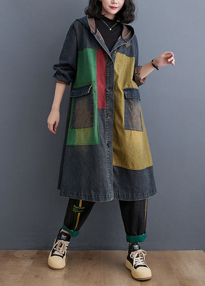 Colorblock Patchwork Button Hooded Denim Trench Coat Long Sleeve