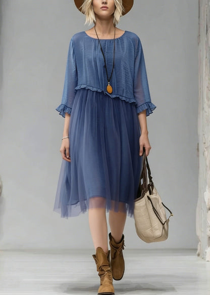 Blue O-neck Ruffled Tulle Patchwork Chiffon Dress Summer