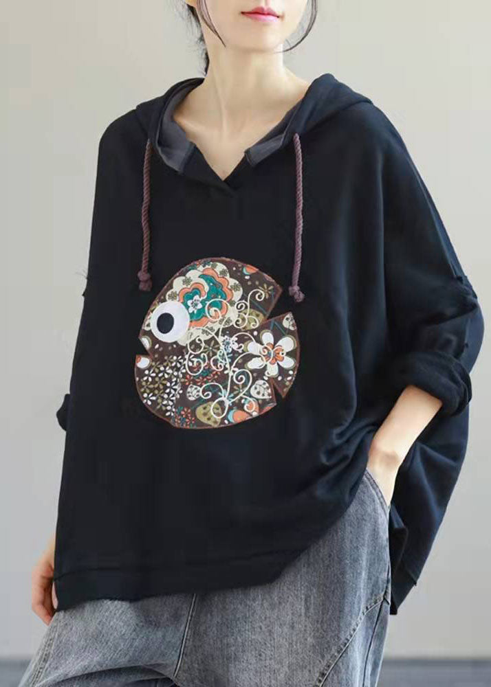 Navy Hooded Drawstring Embroideried Fall Side Open Sweatshirts Top