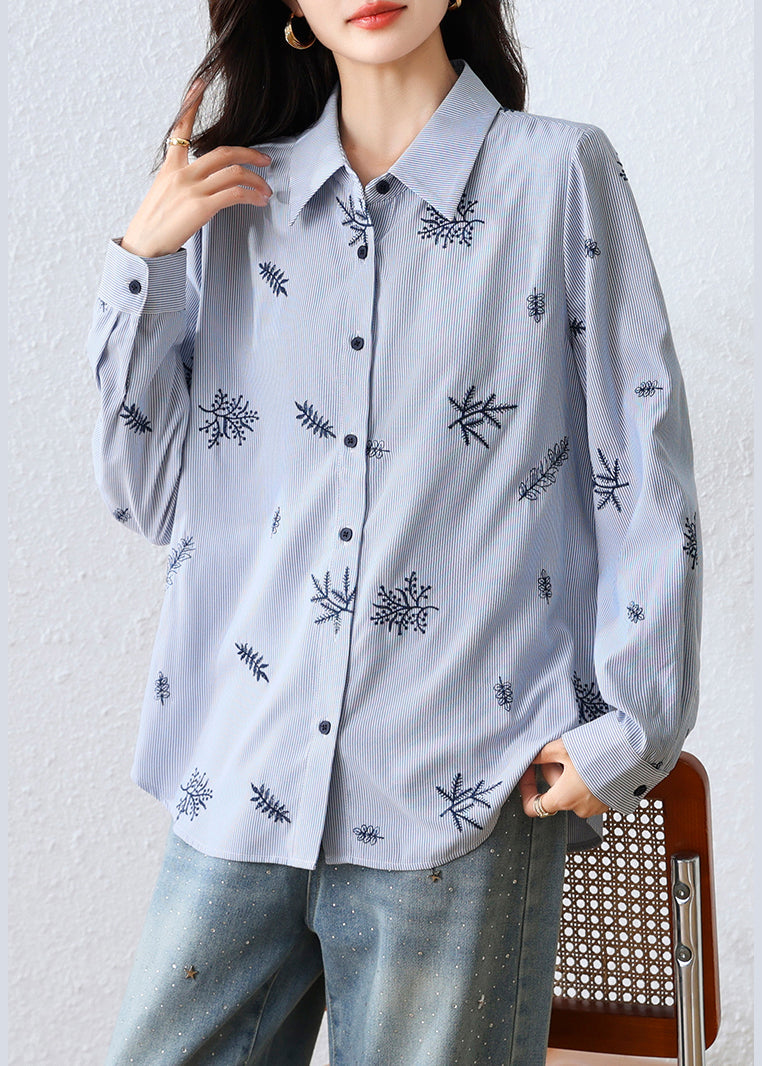 Blue Embroidered Striped Cotton Top Fall