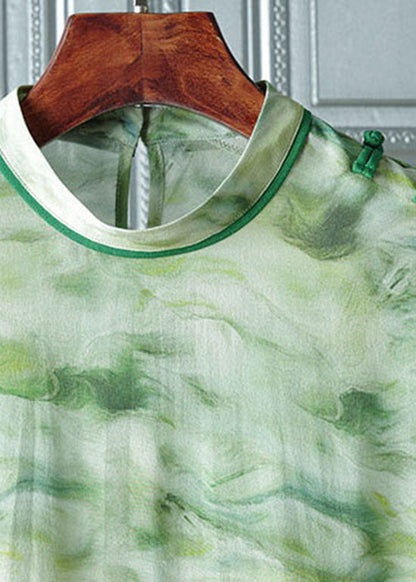 Art Light Green Stand Collar Button Print Patchwork Silk Tops Spring