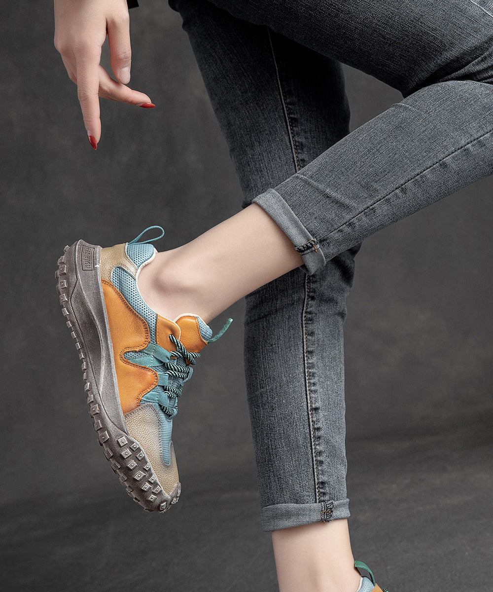 Blue Flat Shoes Platform Cowhide Leather Splicing Lace Up