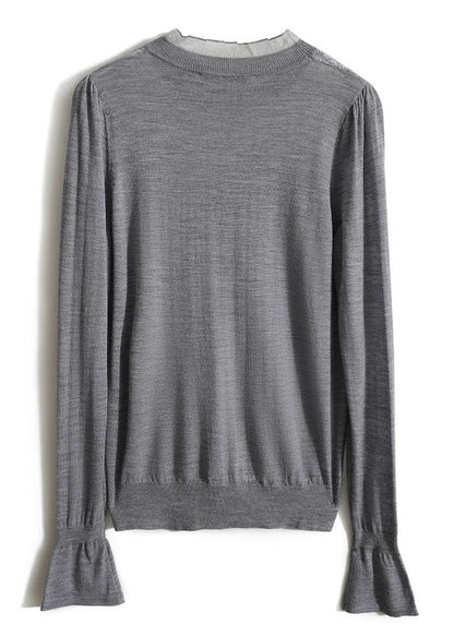 Grey Ruffled Patchwork Hollow Out Knit Shirts Spring