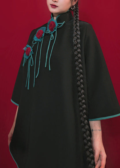 Handmade Black Stand Collar Asymmetrical Top Long Sleeve