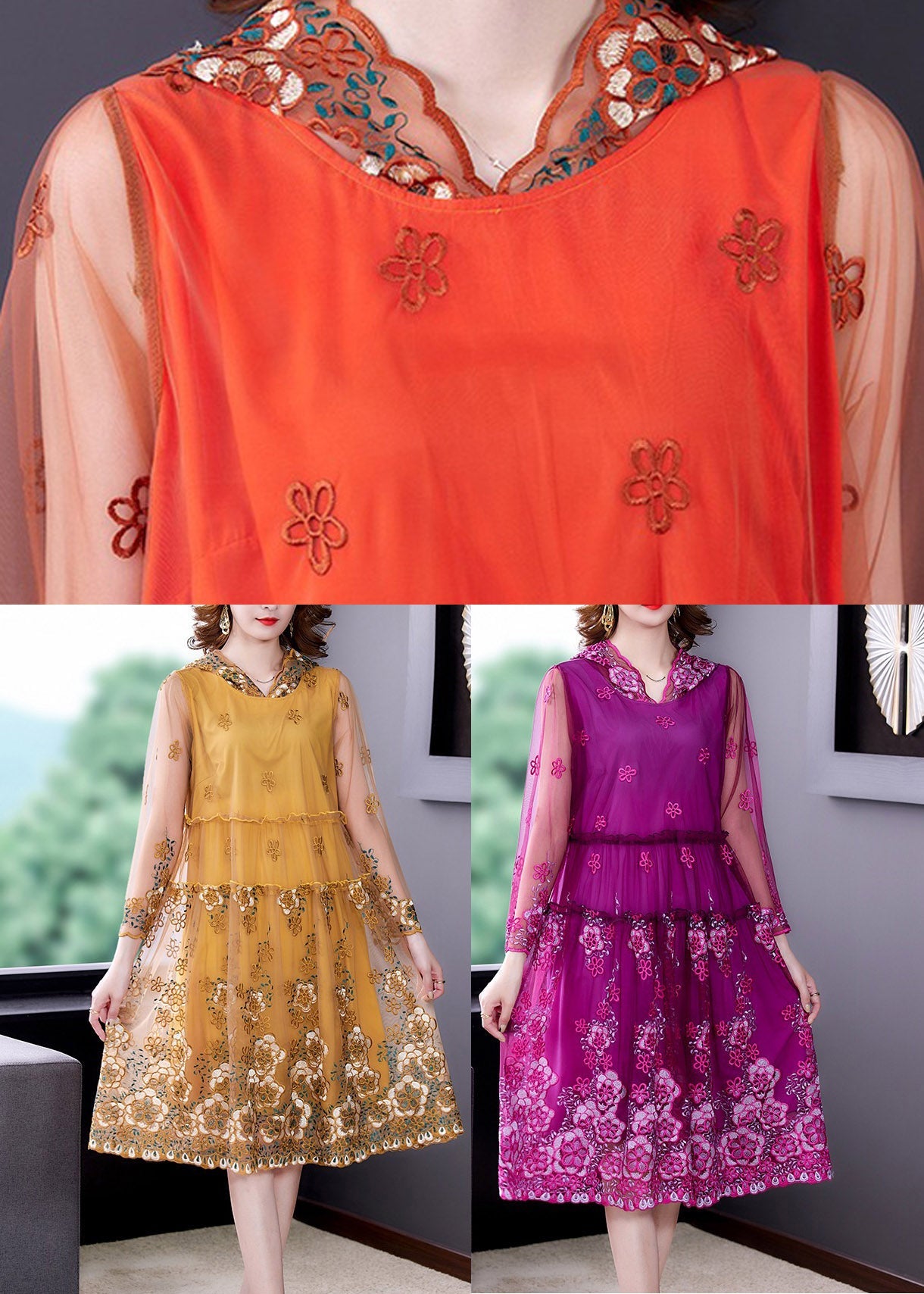 Vogue Orange Embroideried Tulle Hooded Long Dresses Spring