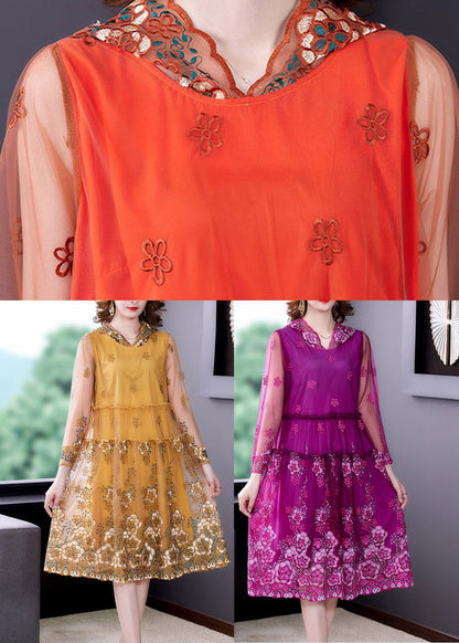 Vogue Orange Embroideried Tulle Hooded Long Dresses Spring