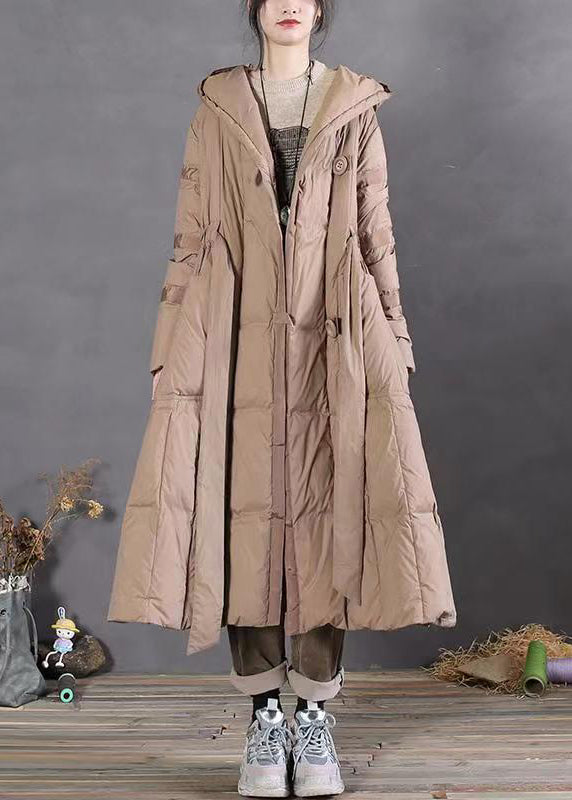Khaki Hooded Tie Waist Patchwork Duck Down Long Coat Winter