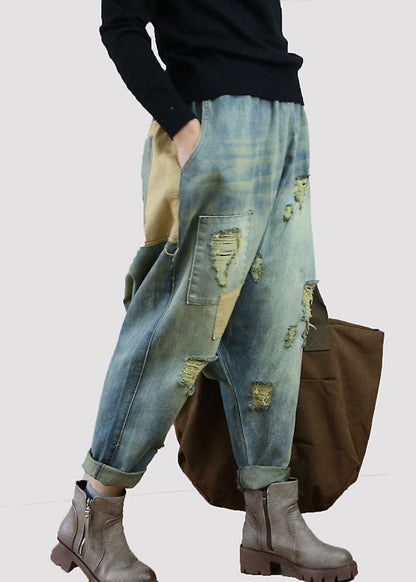 Blue Pockets Patchwork Denim Spring