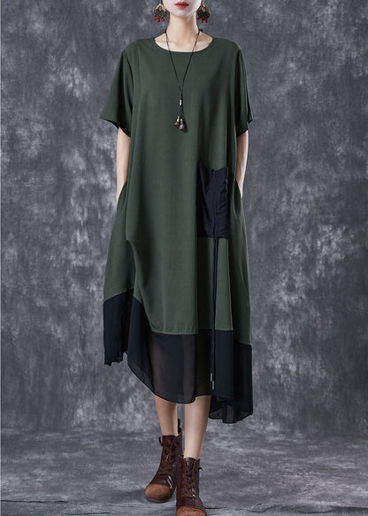 Army Green Cinched Patchwork Chiffon Maxi Dresses Summer