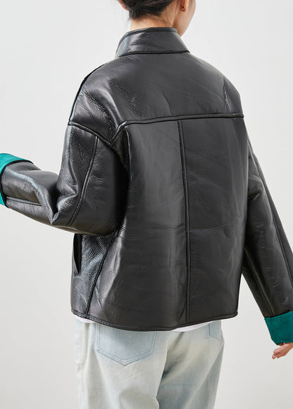 Black Embroideried Patchwork Warm Fleece Faux Leather Jackets Winter