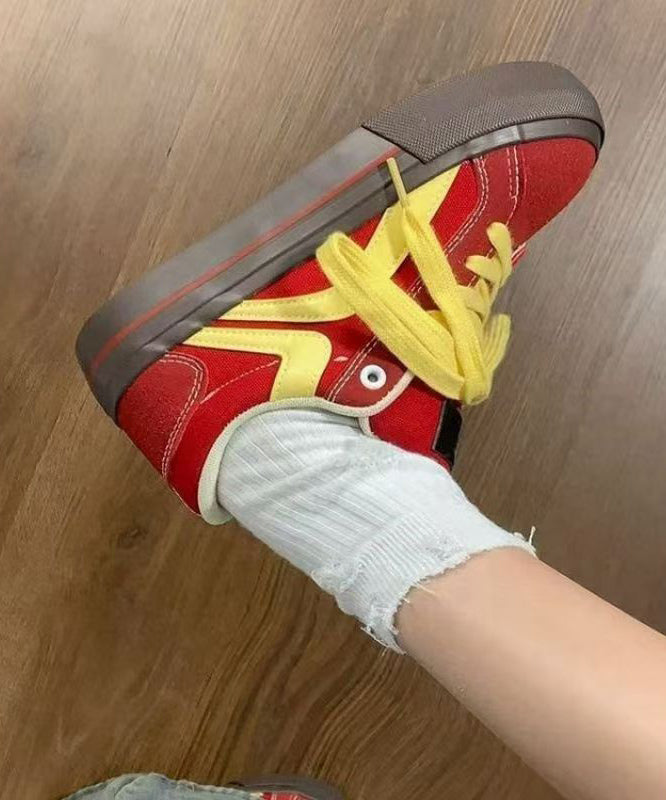 Red Canvas Flat Feet Shoes Splicing Lace Up