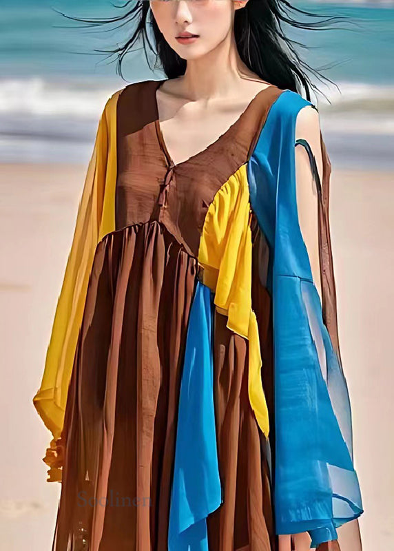 Coffee Cold Shoulder Patchwork Linen Dresses Summer